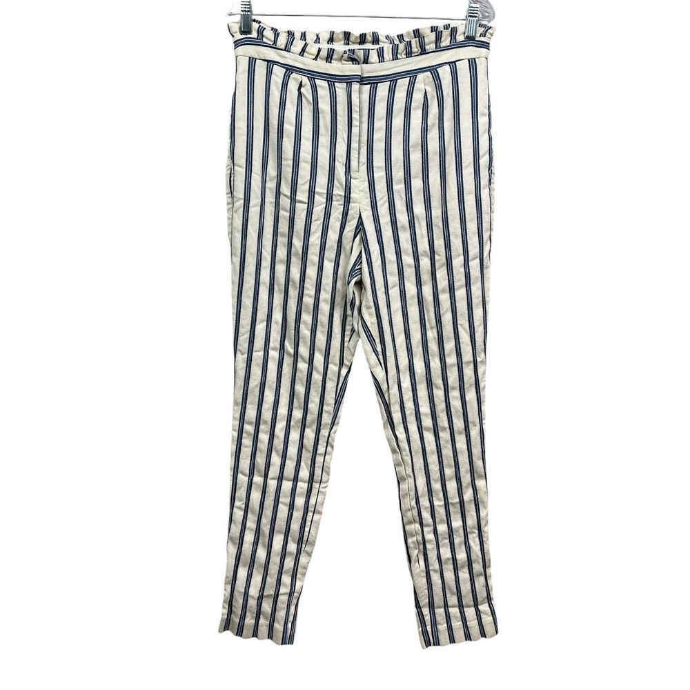 Express Womens Pants Striped Tapered Leg Ruffled Trim Pockets Blue Cream Sz 8r*